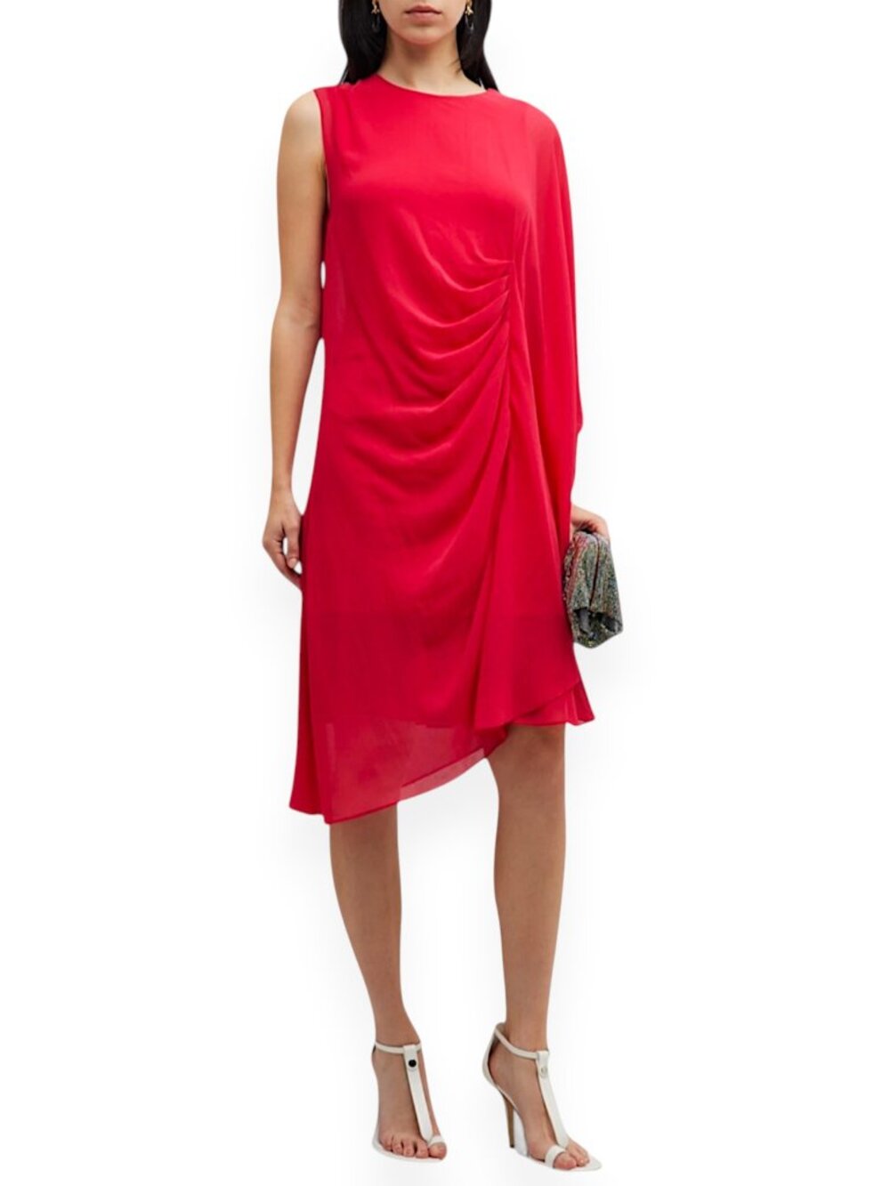 Kobi Halperin Fire Red Sheila Asymmetric One Cape Sleeve Dress NWT New S